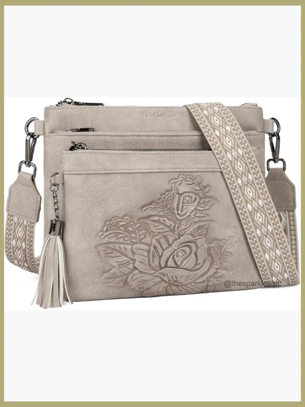 Vegan Leather Crossbody Bag with Embossed Design and Tassel Accent